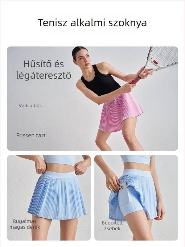 Akkordeonos pliszírozott szoknya, gyorsan száradó, UV-védelem, Sz szövött anyag; 91% poliészter + 9% spandex (110 g) vagy 82% poliészter + 18% spandex (210 g)