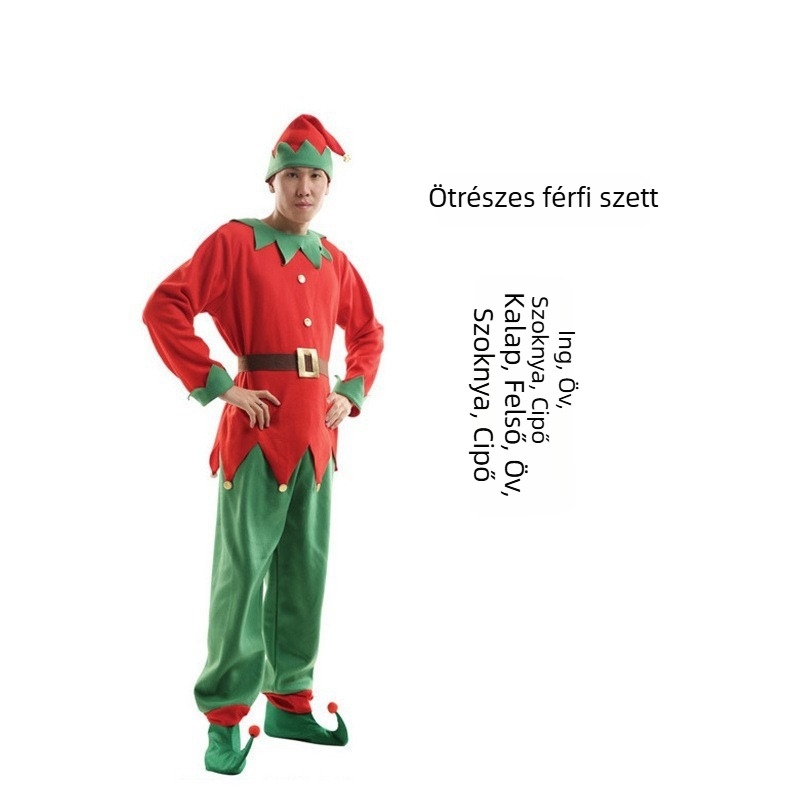Felnőttek és gyerekek karácsonyi manó jelmeze piros-zöld színben, cosplay