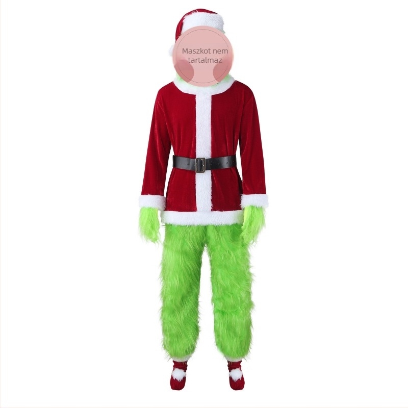 Grinch által inspirált Mikulás cosplay jelmez, hosszú zöld szőrrel