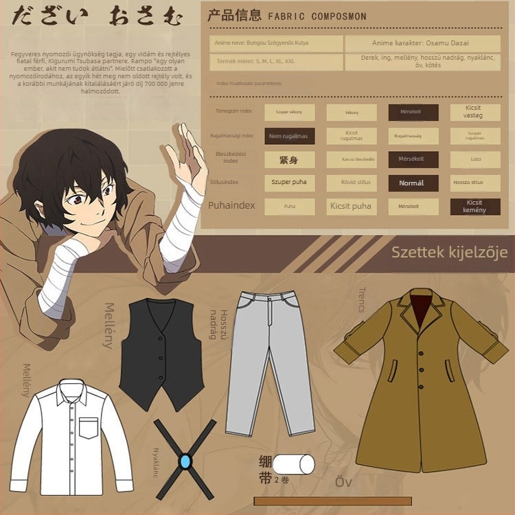 Cosplay készlet a Bungo Stray Dogshoz: Akiko Yosano, Osamu Dazai, Chuuya Nakahara — uniszex, színpadi ruházat, poliészter 70–80% szintetikus rostból