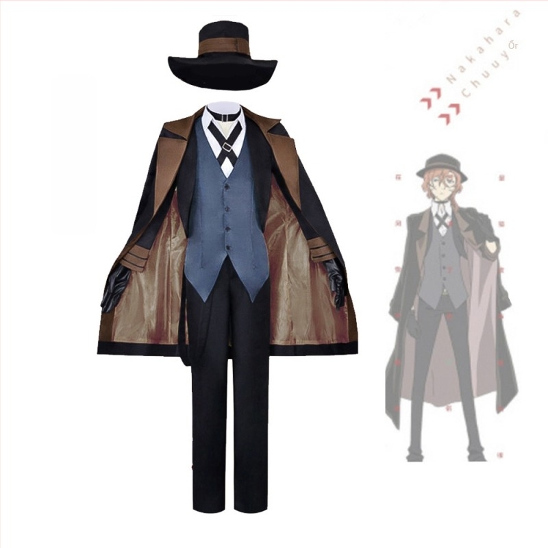 Cosplay készlet a Bungo Stray Dogshoz: Akiko Yosano, Osamu Dazai, Chuuya Nakahara — uniszex, színpadi ruházat, poliészter 70–80% szintetikus rostból