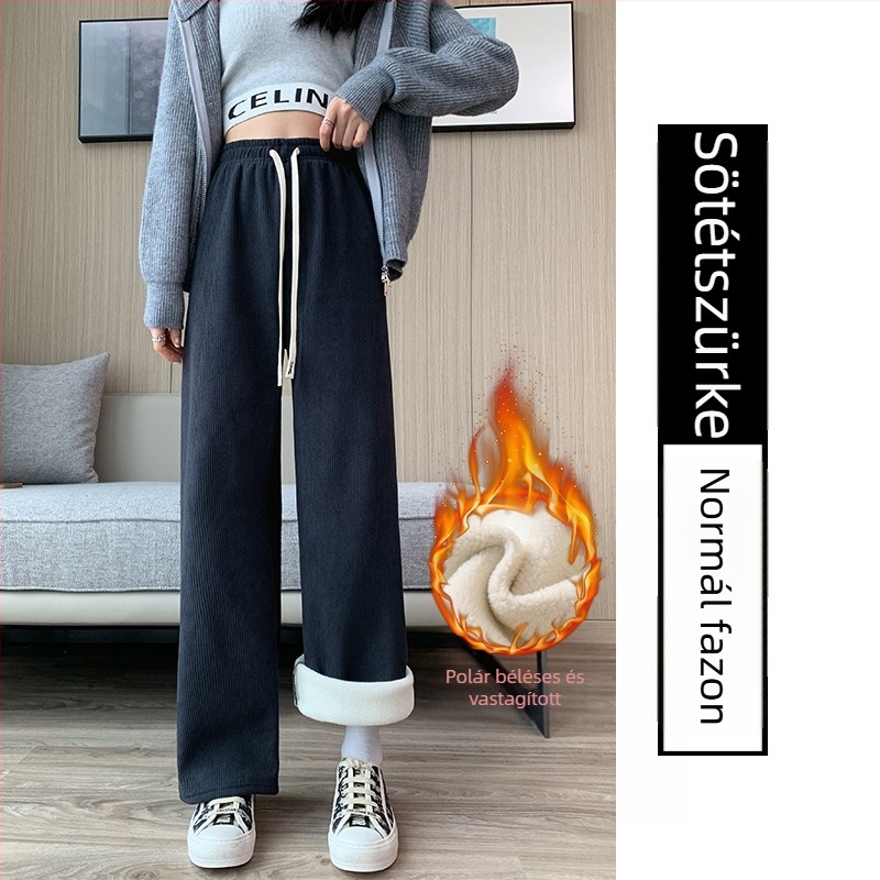 H506 Női kordbársony széles lábú nadrág fleece béléssel, magas derék, őszi-téli, laza, egyenes fazon, padlóig érő, fehér, mindennapi nadrág