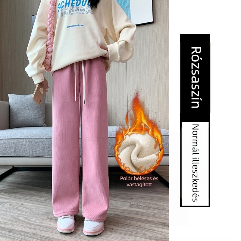 H506 Női kordbársony széles lábú nadrág fleece béléssel, magas derék, őszi-téli, laza, egyenes fazon, padlóig érő, fehér, mindennapi nadrág