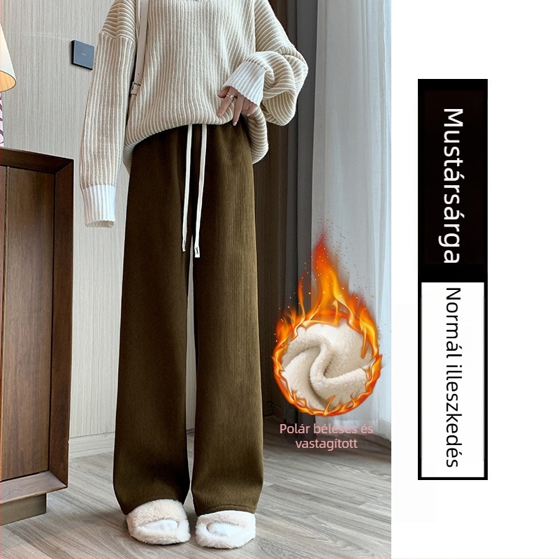 H506 Női kordbársony széles lábú nadrág fleece béléssel, magas derék, őszi-téli, laza, egyenes fazon, padlóig érő, fehér, mindennapi nadrág