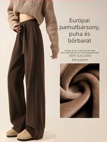 Chenille barna női nadrág, széles lábú, fleece belsővel, őszi-téli 2025, casual A8204
