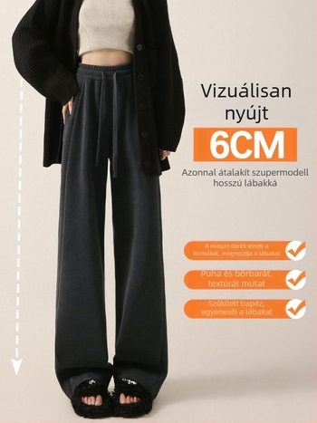 Chenille barna női nadrág, széles lábú, fleece belsővel, őszi-téli 2025, casual A8204