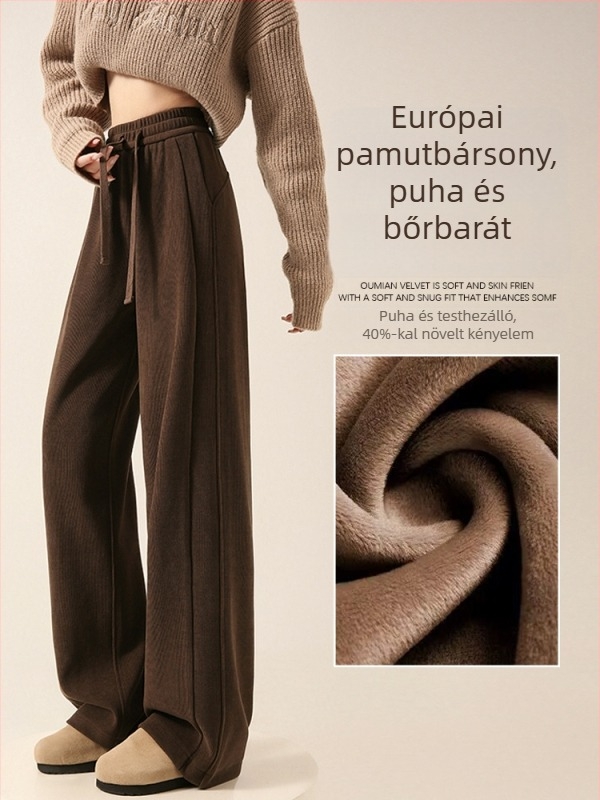 Chenille barna női nadrág, széles lábú, fleece belsővel, őszi-téli 2025, casual A8204