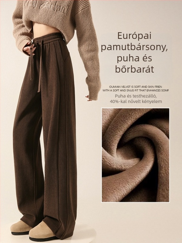 Chenille barna női nadrág, széles lábú, fleece belsővel, őszi-téli 2025, casual A8204
