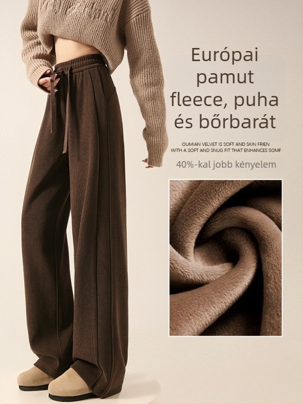Chenille barna női nadrág, széles lábú, fleece belsővel, őszi-téli 2025, casual A8204