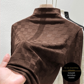Viskóz anyagú póló félmagas galléval, geometriai jacquard mintával, hosszú ujjú, szűk fazon