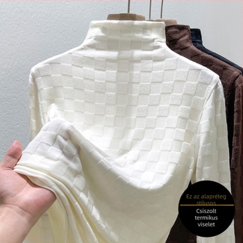 Viskóz anyagú póló félmagas galléval, geometriai jacquard mintával, hosszú ujjú, szűk fazon