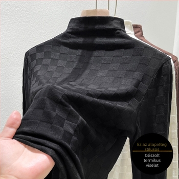 Viskóz anyagú póló félmagas galléval, geometriai jacquard mintával, hosszú ujjú, szűk fazon