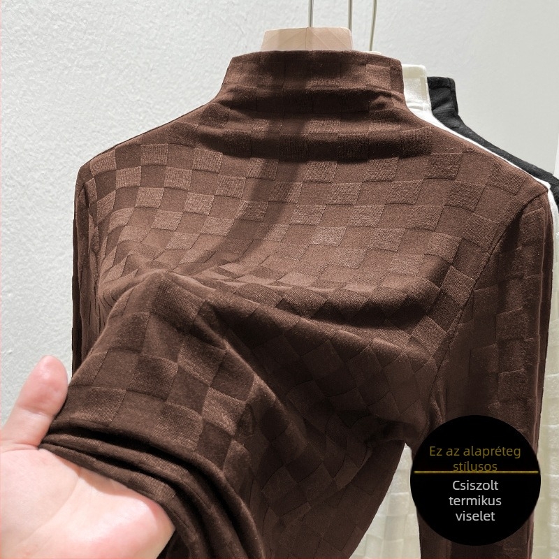 Viskóz anyagú póló félmagas galléval, geometriai jacquard mintával, hosszú ujjú, szűk fazon