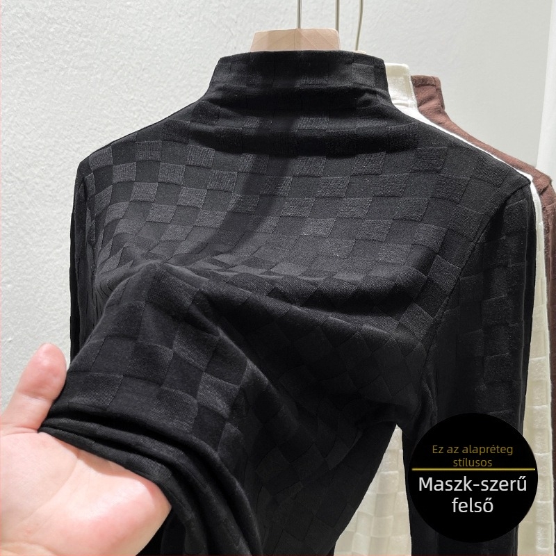 Viskóz anyagú póló félmagas galléval, geometriai jacquard mintával, hosszú ujjú, szűk fazon