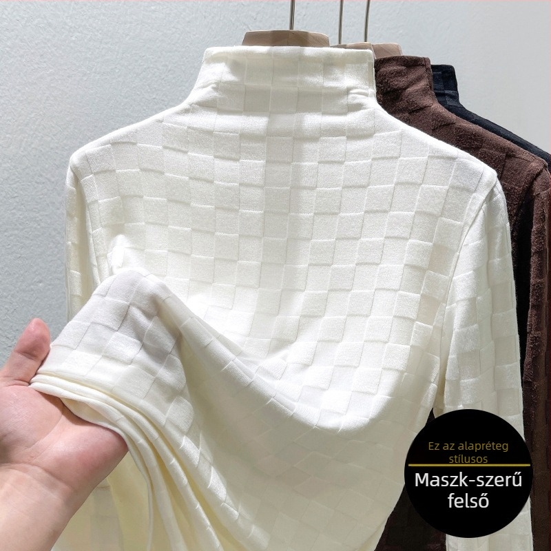 Viskóz anyagú póló félmagas galléval, geometriai jacquard mintával, hosszú ujjú, szűk fazon