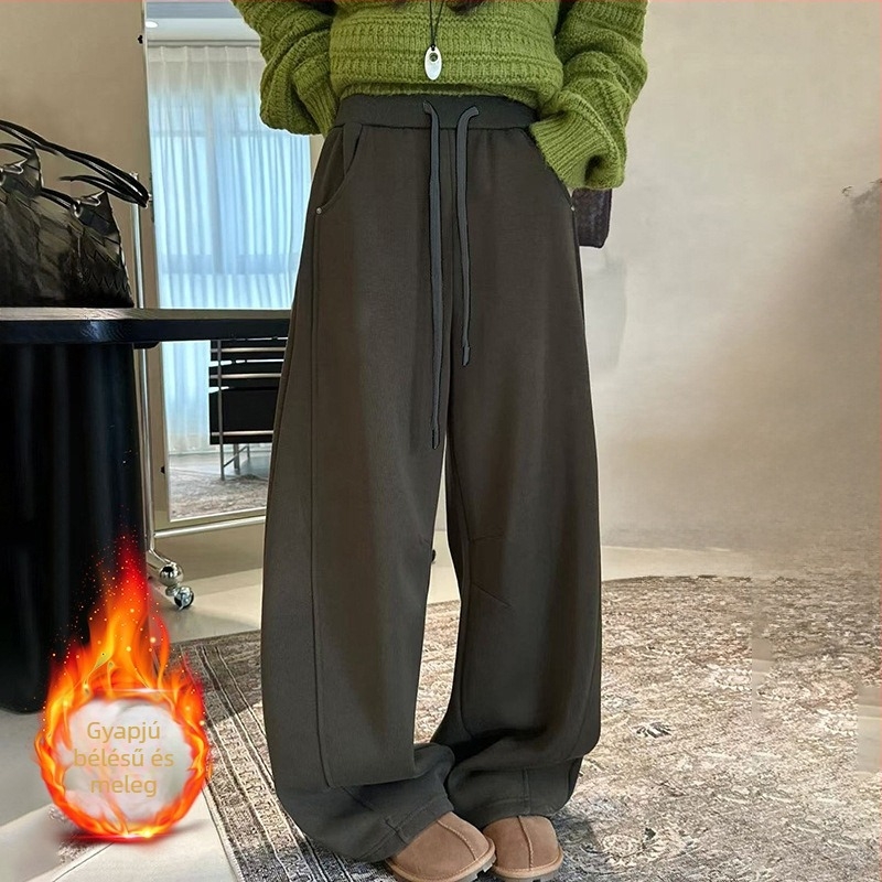 Női fleece-béléssel vastag anyagú sportnadrág, magas derék, laza szabás, széles szárú, mindennapi amerikai stílus