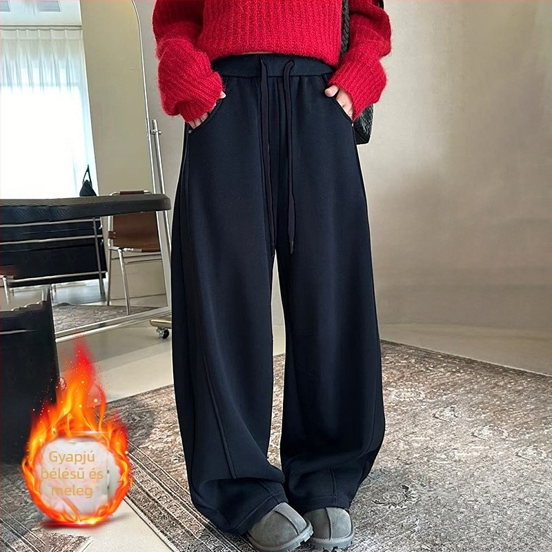 Női fleece-béléssel vastag anyagú sportnadrág, magas derék, laza szabás, széles szárú, mindennapi amerikai stílus