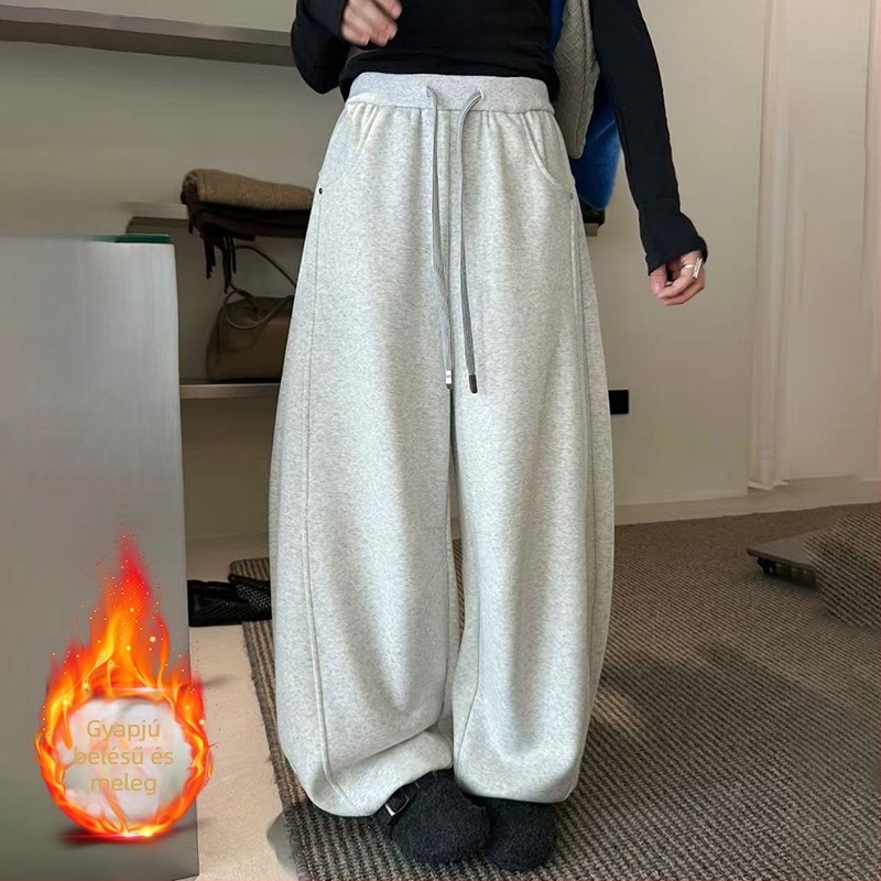Női fleece-béléssel vastag anyagú sportnadrág, magas derék, laza szabás, széles szárú, mindennapi amerikai stílus