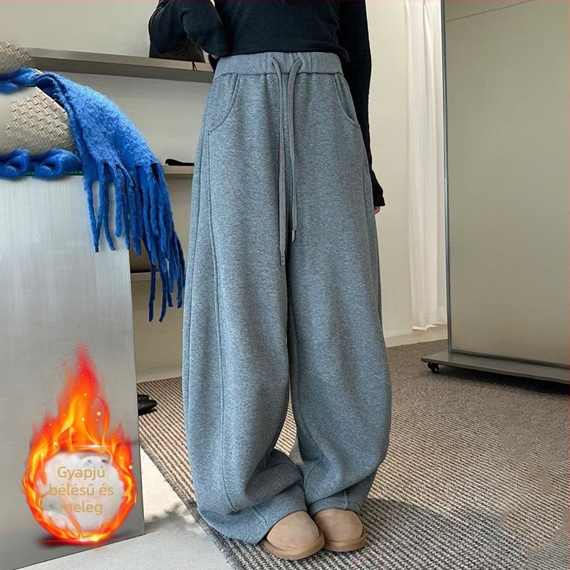 Női fleece-béléssel vastag anyagú sportnadrág, magas derék, laza szabás, széles szárú, mindennapi amerikai stílus