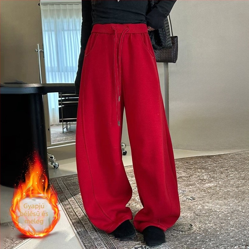 Női fleece-béléssel vastag anyagú sportnadrág, magas derék, laza szabás, széles szárú, mindennapi amerikai stílus