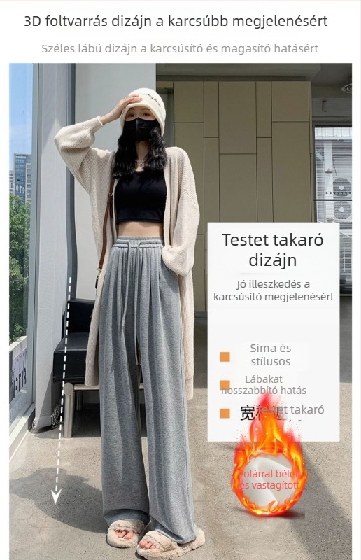 Fehér zabos árnyalatú női nadrág, belső fleece-s, egyenes szabás, laza és széles szárú, mindennapi viselet őszi–téli