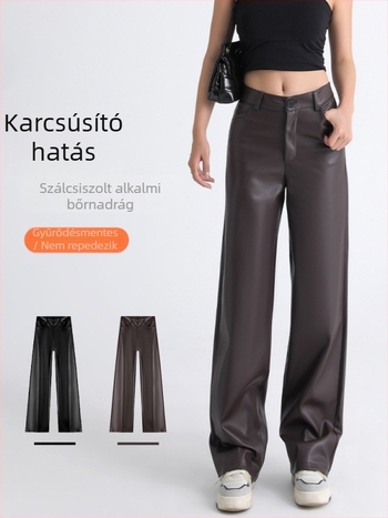 Női PU bőrnadrágok, őszi-téli szezonra, magas derék, széles szárú, laza stílus.
