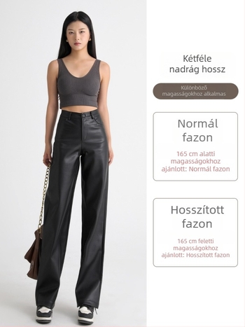 Női PU bőrnadrágok, őszi-téli szezonra, magas derék, széles szárú, laza stílus.