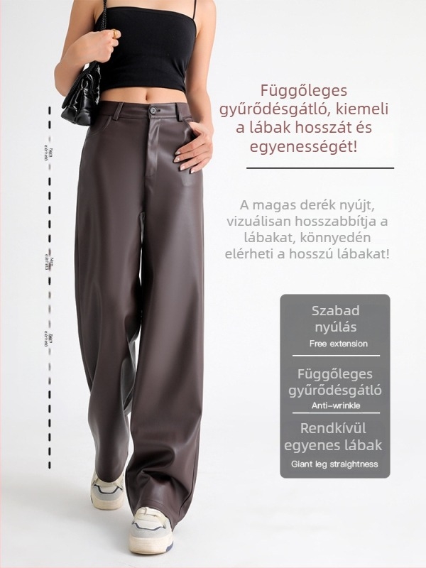 Női PU bőrnadrágok, őszi-téli szezonra, magas derék, széles szárú, laza stílus.