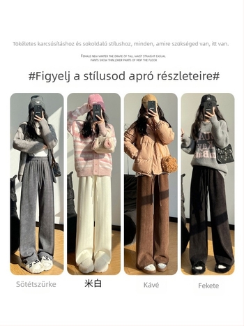 Női Chenille nadrág herringbone mintával, széles szárú, magas derék, fleece bélés, téli casual