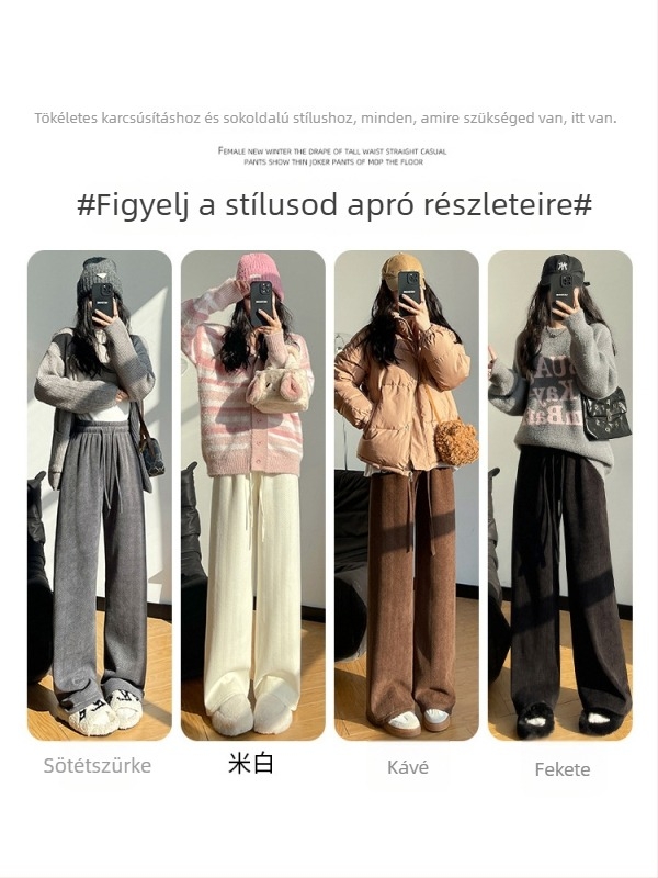 Női Chenille nadrág herringbone mintával, széles szárú, magas derék, fleece bélés, téli casual