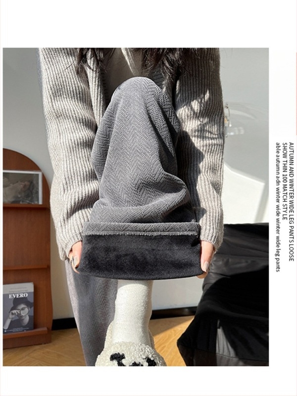 Női Chenille nadrág herringbone mintával, széles szárú, magas derék, fleece bélés, téli casual