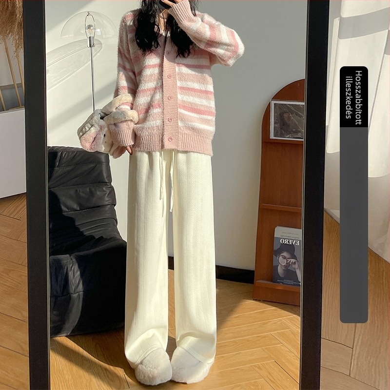 Női Chenille nadrág herringbone mintával, széles szárú, magas derék, fleece bélés, téli casual
