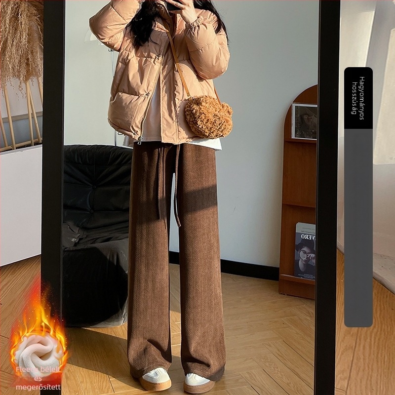 Női Chenille nadrág herringbone mintával, széles szárú, magas derék, fleece bélés, téli casual