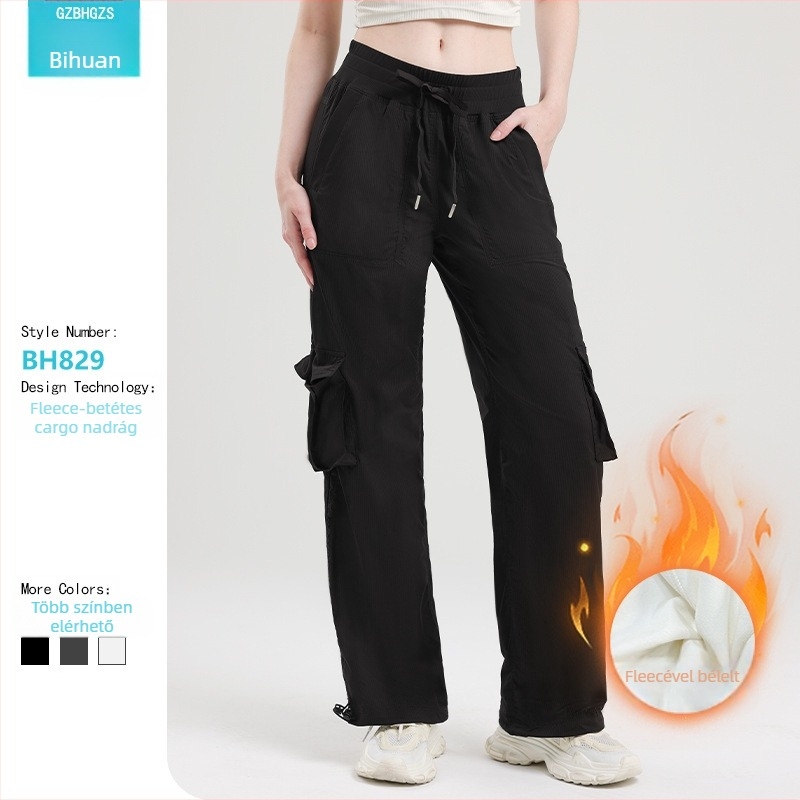 Női őszi-téli cargo nadrág fleece-béléssel, kötővel a dereknél, lazán szabott egyenes szabás, középső derék, mikroelaszticitás, nylon-keverék