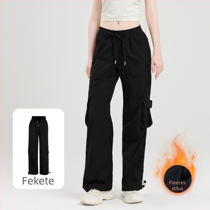 Női őszi-téli cargo nadrág fleece-béléssel, kötővel a dereknél, lazán szabott egyenes szabás, középső derék, mikroelaszticitás, nylon-keverék