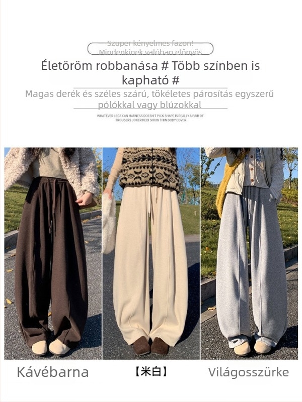 Női szürke banán alakú, laza szabású nadrág, magas derekú, széles lábakkal, tavasz 2026