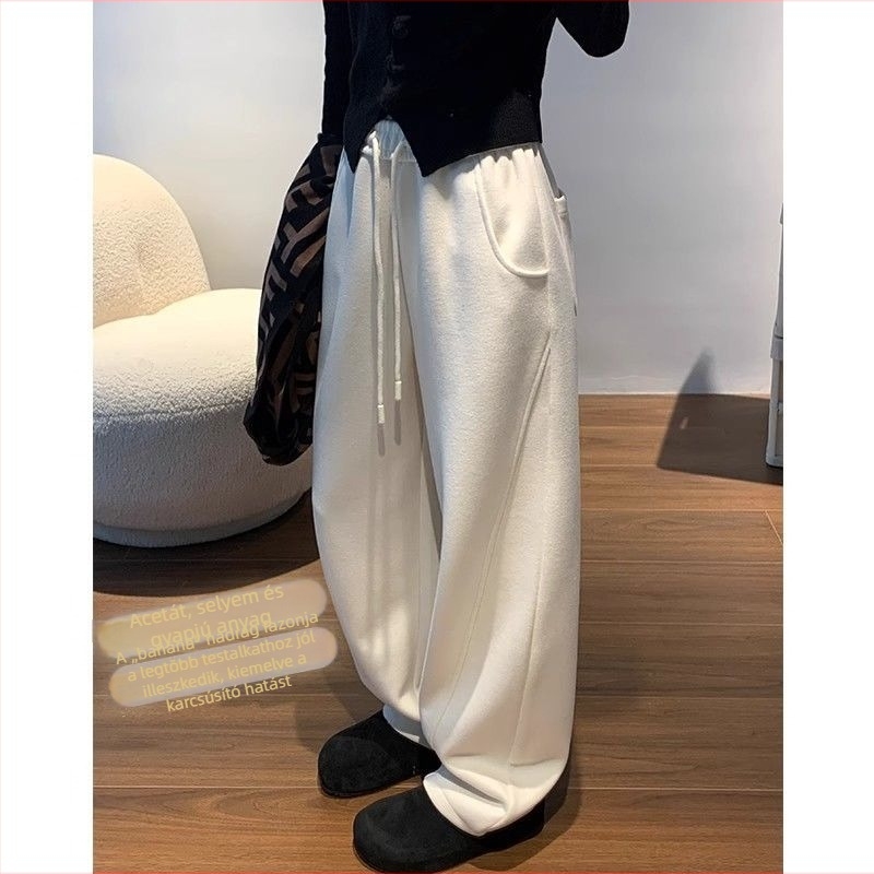 Fehér női széles szárú nadrág gyapjúból készült őszi-téli szezonra, casual, fleece-béléses, egyenes szabású