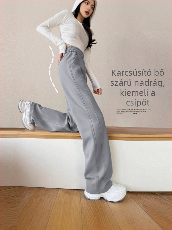 Női szürke sportnadrág, magas derekú, banán stílusú, széles szabás, drapált hatás