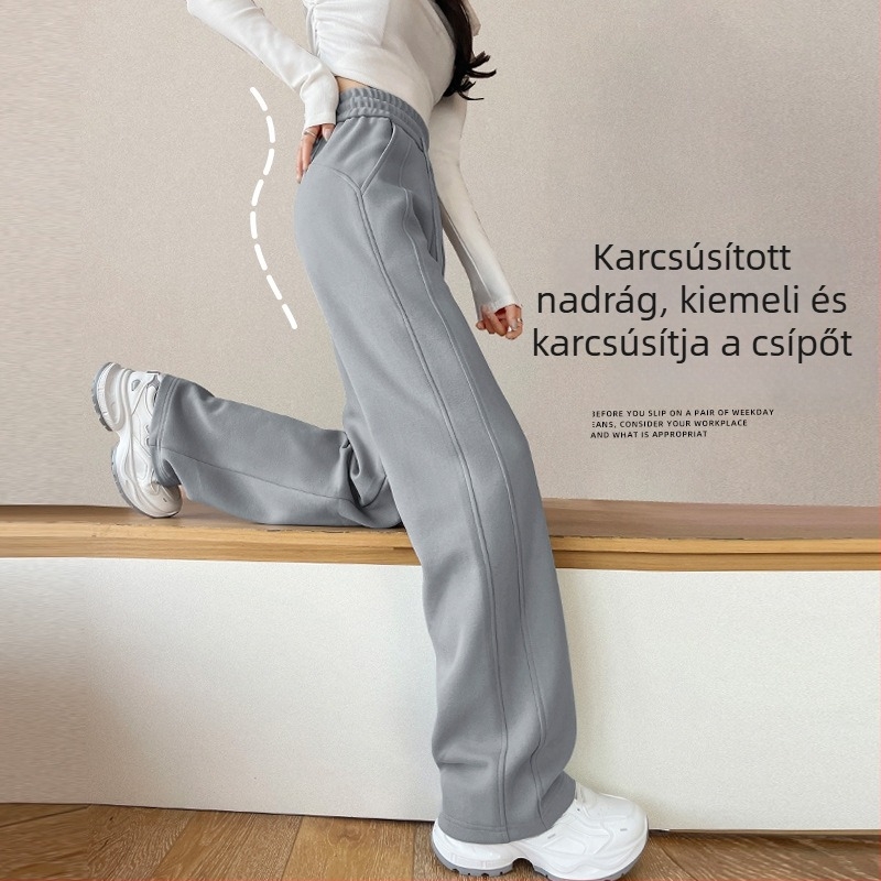 Női szürke sportnadrág, magas derekú, banán stílusú, széles szabás, drapált hatás