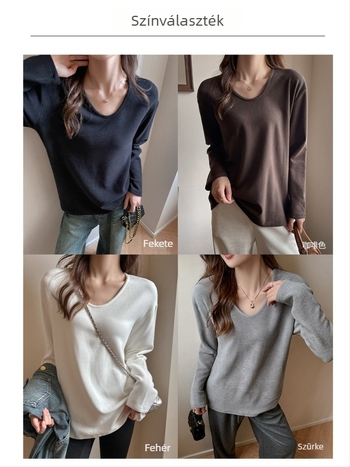 Fleece-beléssel bélelt V-nyakú hosszú ujjú felső, lazán szabott, sokoldalú a rétegzéshez vagy külső ruházatként, minimalist és elegáns megjelenés