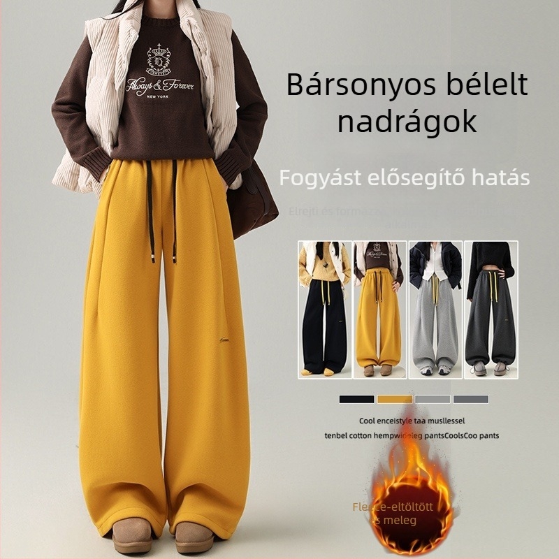 Női széles lábú nadrág fleece-béléssel, magas derék, pamut–poliészter 70/30, vastag téli 2025, lezser stílus