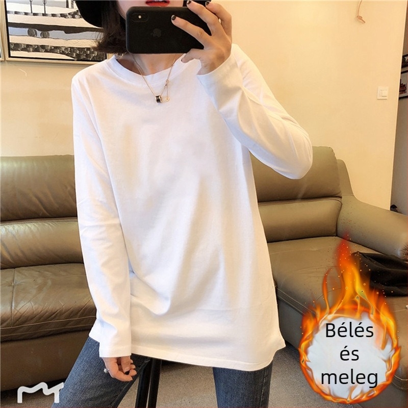 Pamut hosszú ujjú T‑shirt kerek nyakkal, laza szabás, hímzett betűk