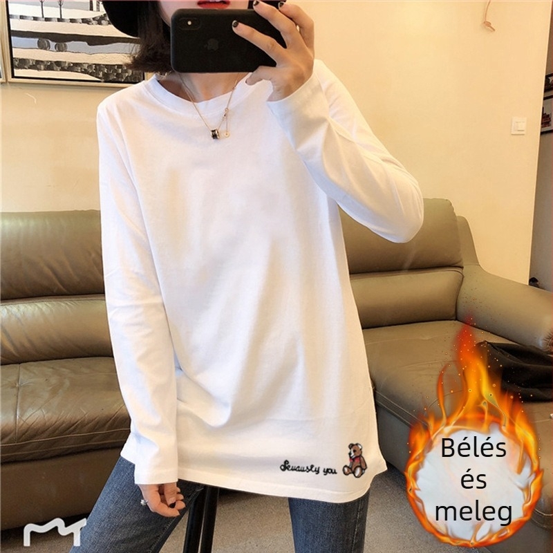 Pamut hosszú ujjú T‑shirt kerek nyakkal, laza szabás, hímzett betűk