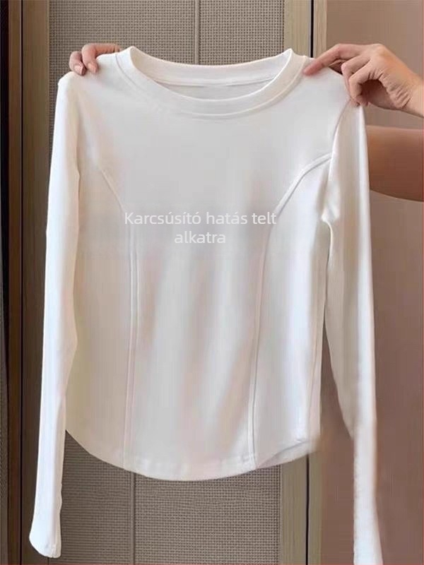 Női karcsú fazonú cropped felső kerek nyakkal, hosszú ujjú, görbült szegéllyel, Milk Silk anyag