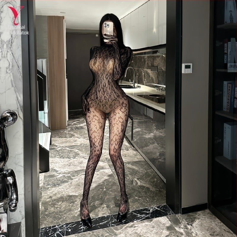 Éjszakai kísértés: szexi fehérnemű bodysuit magas gallérral, nyitott hátsó résszel és áttört mintával – 5171