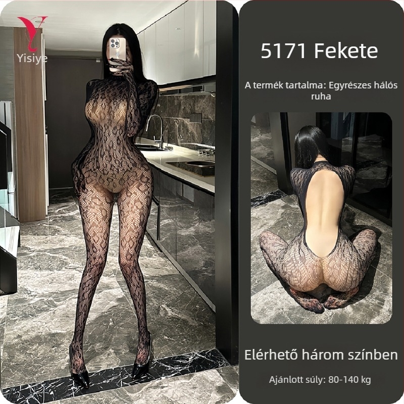 Éjszakai kísértés: szexi fehérnemű bodysuit magas gallérral, nyitott hátsó résszel és áttört mintával – 5171