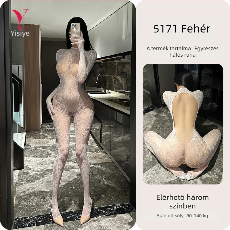 Éjszakai kísértés: szexi fehérnemű bodysuit magas gallérral, nyitott hátsó résszel és áttört mintával – 5171