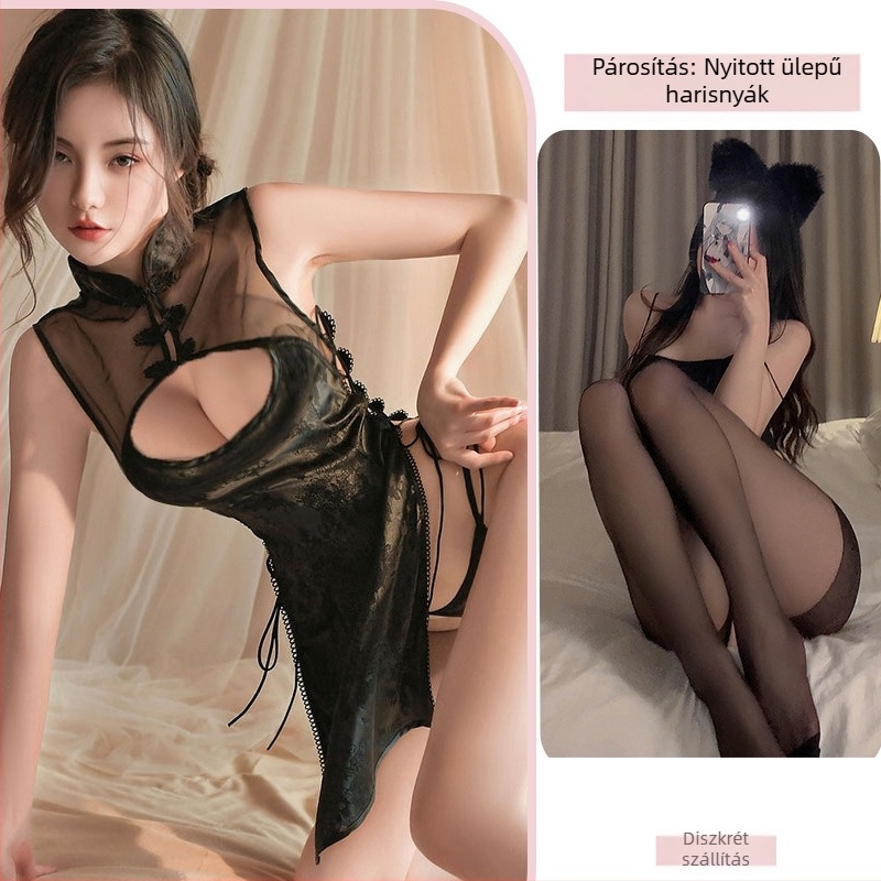 Szexi qipao stílusú fehérnemű, retró egyenruha, oldalsó nyitott pántokkal, szerepjáték készlet
