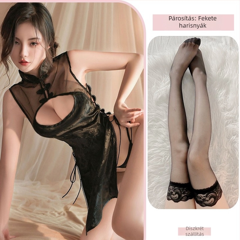 Szexi qipao stílusú fehérnemű, retró egyenruha, oldalsó nyitott pántokkal, szerepjáték készlet