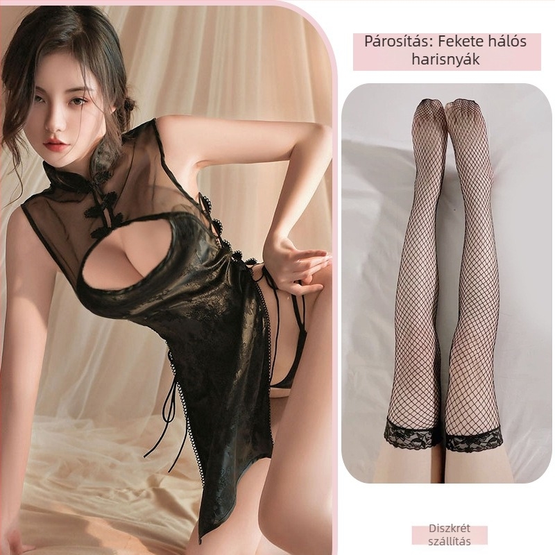 Szexi qipao stílusú fehérnemű, retró egyenruha, oldalsó nyitott pántokkal, szerepjáték készlet